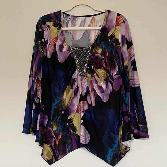 Floral Beaded Long Sleeve Asymmetrical Front Colorful Tunic Size L - Picture 1 of 4